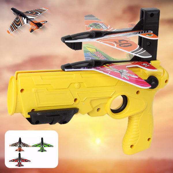 Foam Airplane Hand Throwing Ejection Aircraft Gun Launcher Bursting Small Glider Ejection Pistol Toy (Aircraft Gun + Foam Airplane*4)