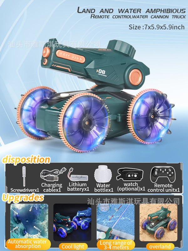 Amphibious Remote Control Car Boat + Water Gun Toy, RC Stunt Car with Gesture Sensing, Lights, 4WD, 360° Rotation - for Kids 6+, Beach and Pool Fun, Idea for Boys and Girls