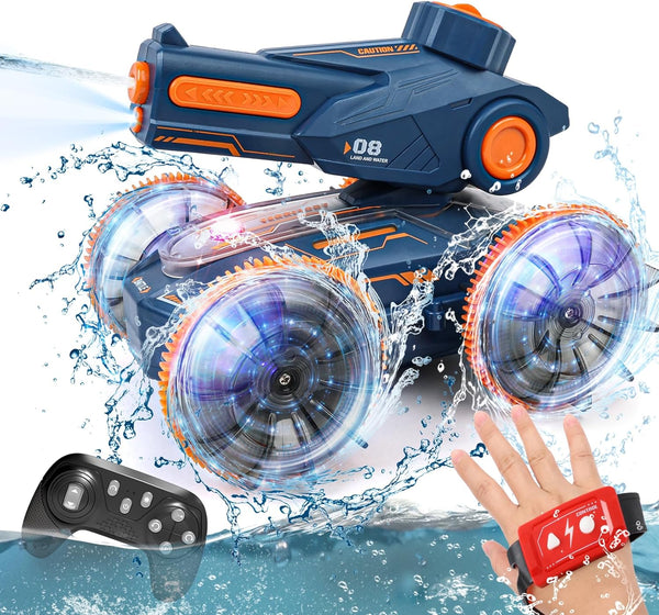 Amphibious Remote Control Car Boat + Water Gun Toy, RC Stunt Car with Gesture Sensing, Lights, 4WD, 360° Rotation - for Kids 6+, Beach and Pool Fun, Idea for Boys and Girls