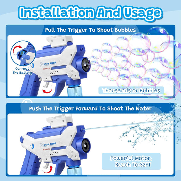 Bubble Gun Machine - Water Gun for Kids, 2 in 1 Electric Bubble Maker & Water Squirt with 4 Refill Solution & 550ml Water Tank for Toddlers 1-3 Gift