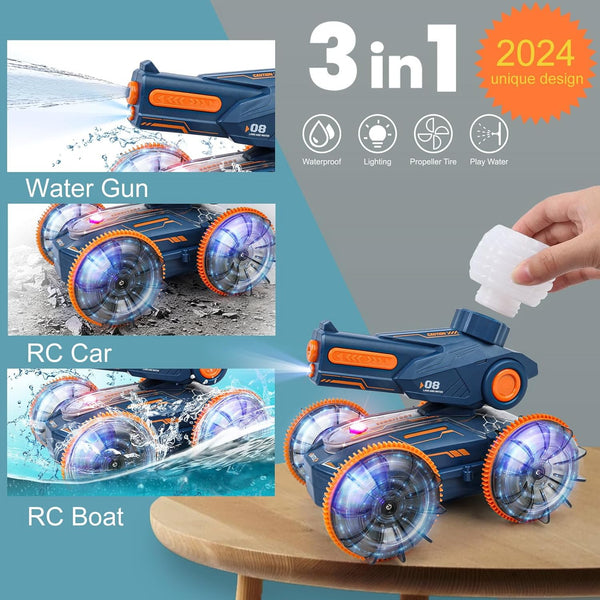 Amphibious Remote Control Car Boat + Water Gun Toy, RC Stunt Car with Gesture Sensing, Lights, 4WD, 360° Rotation - for Kids 6+, Beach and Pool Fun, Idea for Boys and Girls