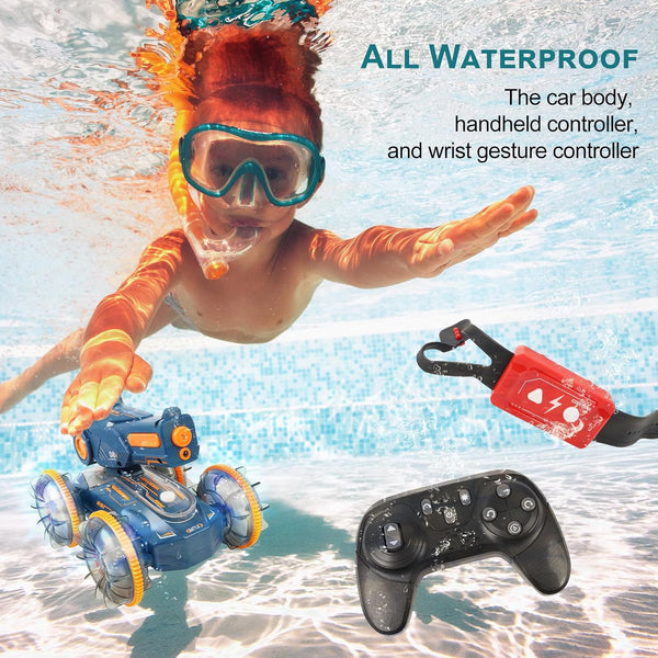 Amphibious Remote Control Car Boat + Water Gun Toy, RC Stunt Car with Gesture Sensing, Lights, 4WD, 360° Rotation - for Kids 6+, Beach and Pool Fun, Idea for Boys and Girls